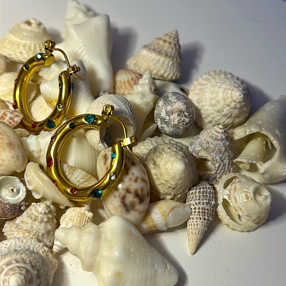 Hoop Earrings With Colored CZ Stones - Picture 2 of 5